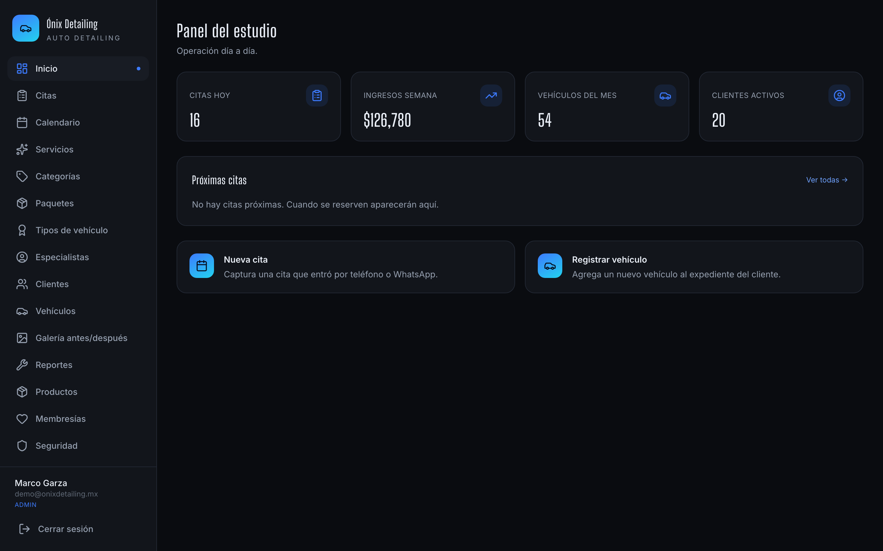Panel general de Prowax Shine con agenda, vehiculos y cobros